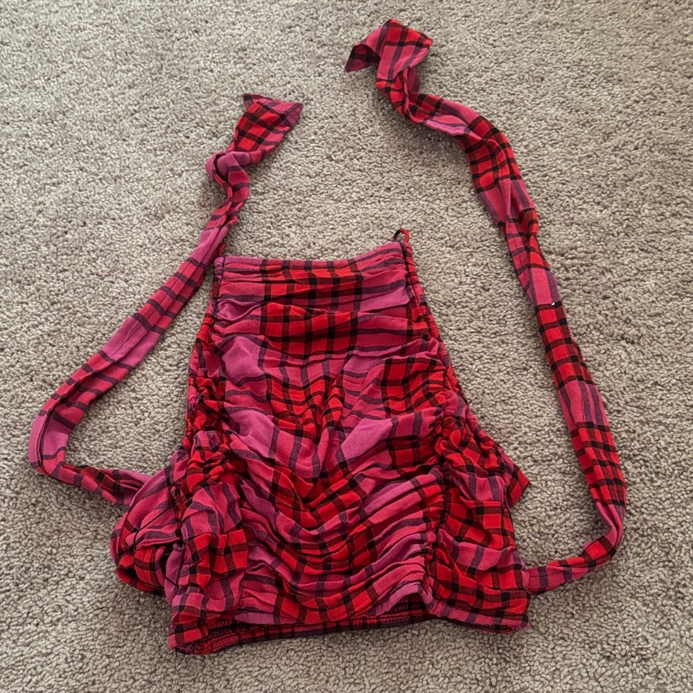 Free People high neck Red and Pink Plaid Ruched Top